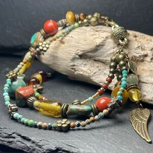 Artisan Multi-Strand Bracelet 
Genuine Turquoise & Baltic Amber 
Boho OOAK